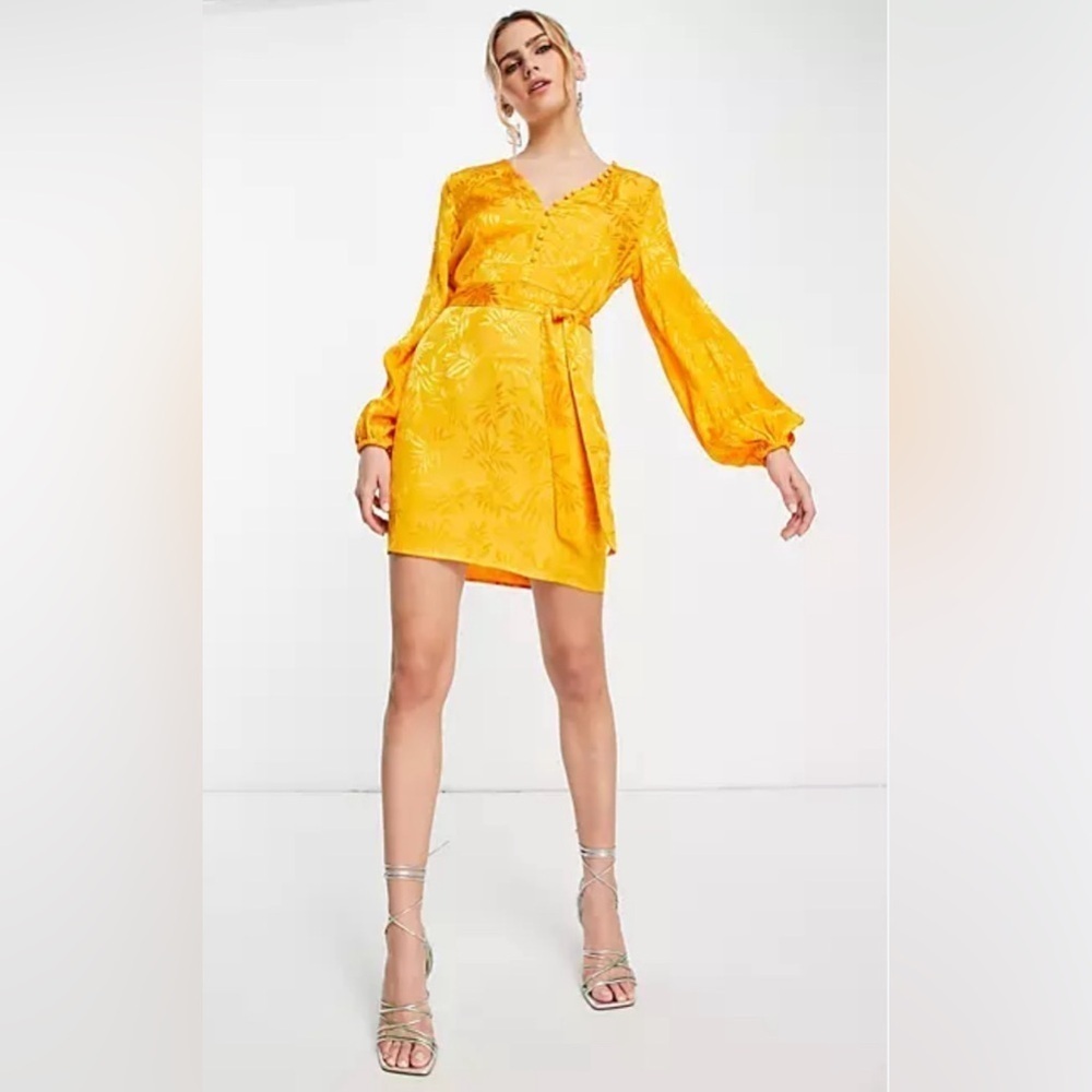 ASOS Vila Exclusive satin jacquard mini dress with button front in bright orange